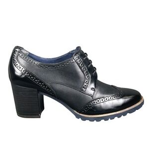 Tamaris Black Leather Wingtip Oxford Block Heels Brogue Lug Sole 1-23302-29-001